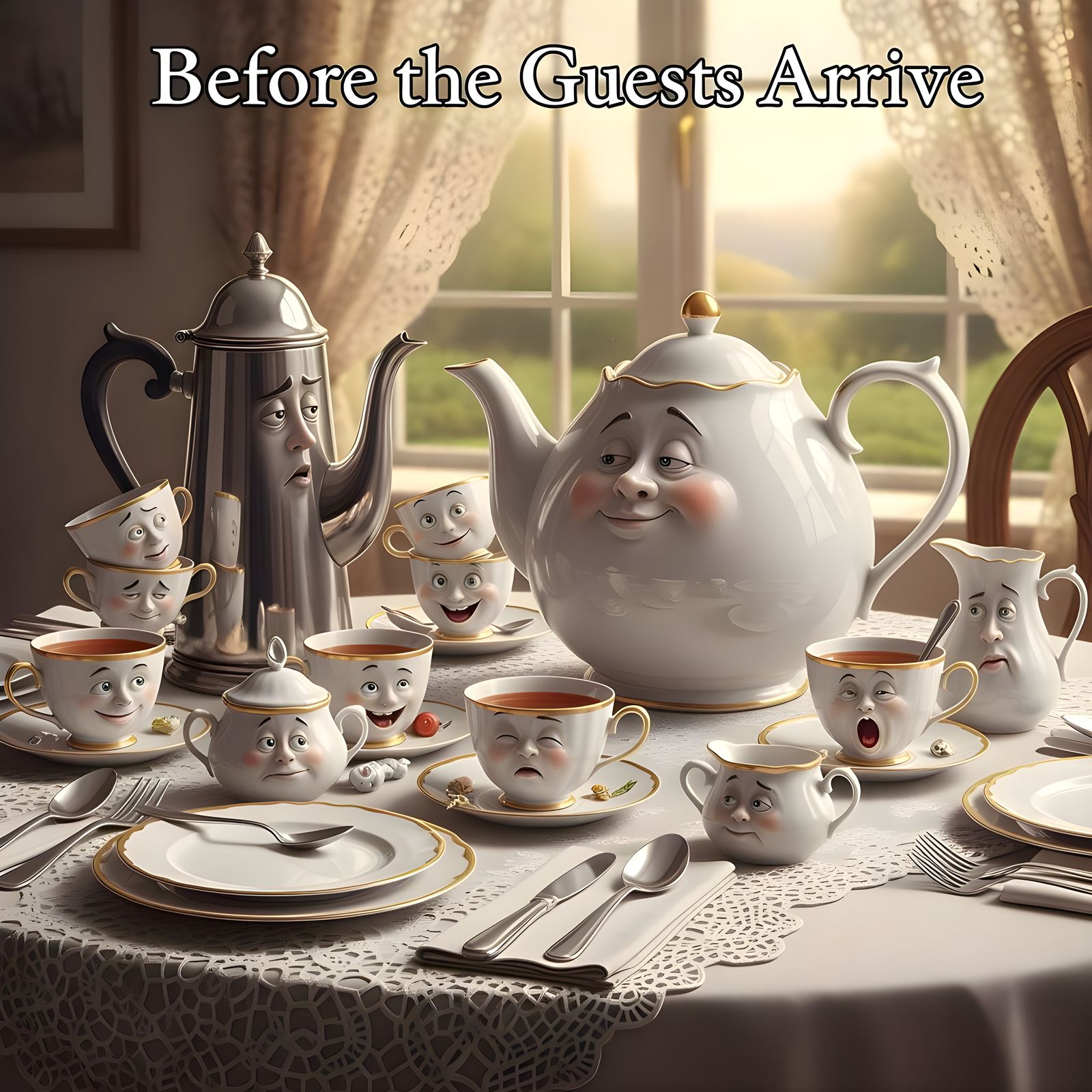 Whimsical Tea Party Scene with Expressive China Figures