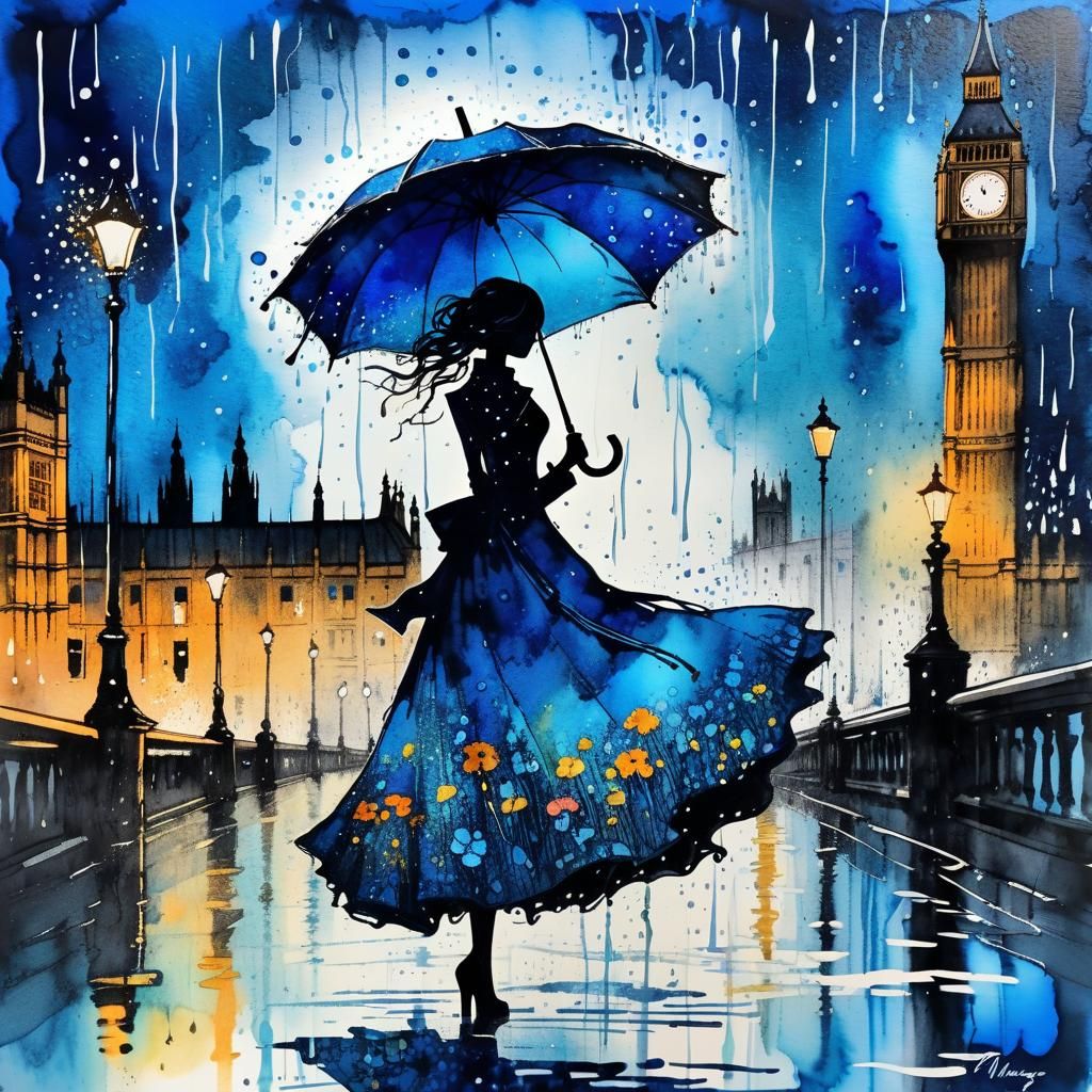 London in the Rain: Ink Sketch in Blue
