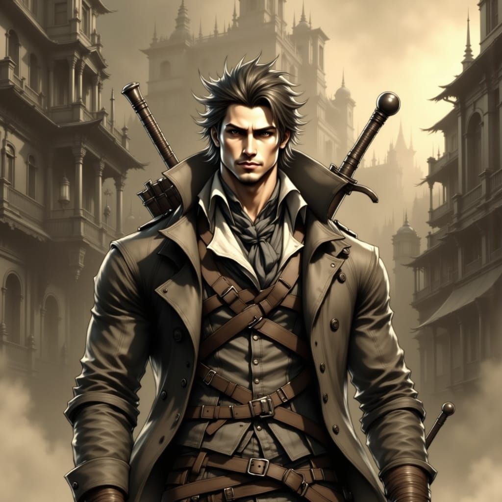 Gothic Hunter in Victorian Cityscape