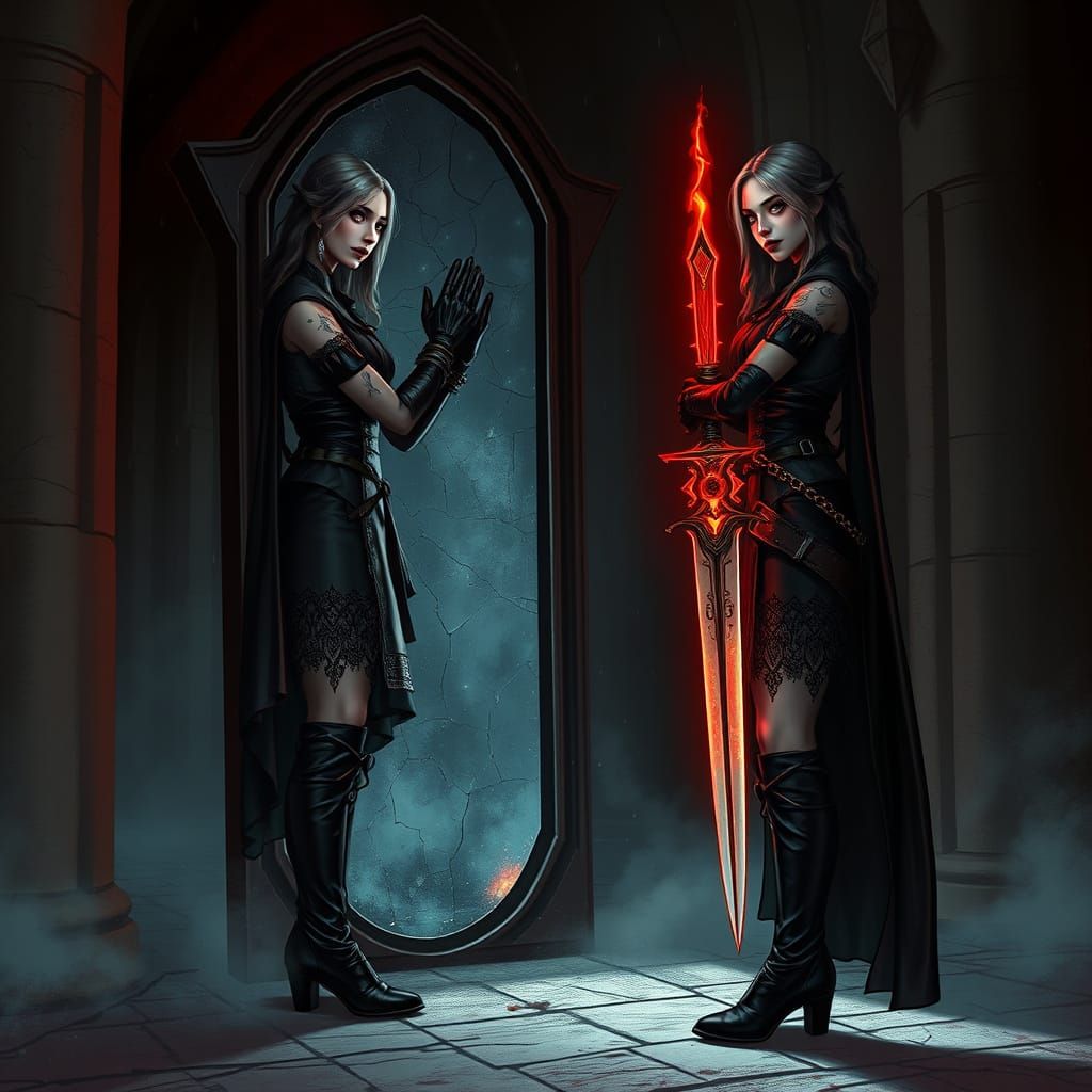 Gothic Warrior-Mage and Obsidian Mirror in Cathedral