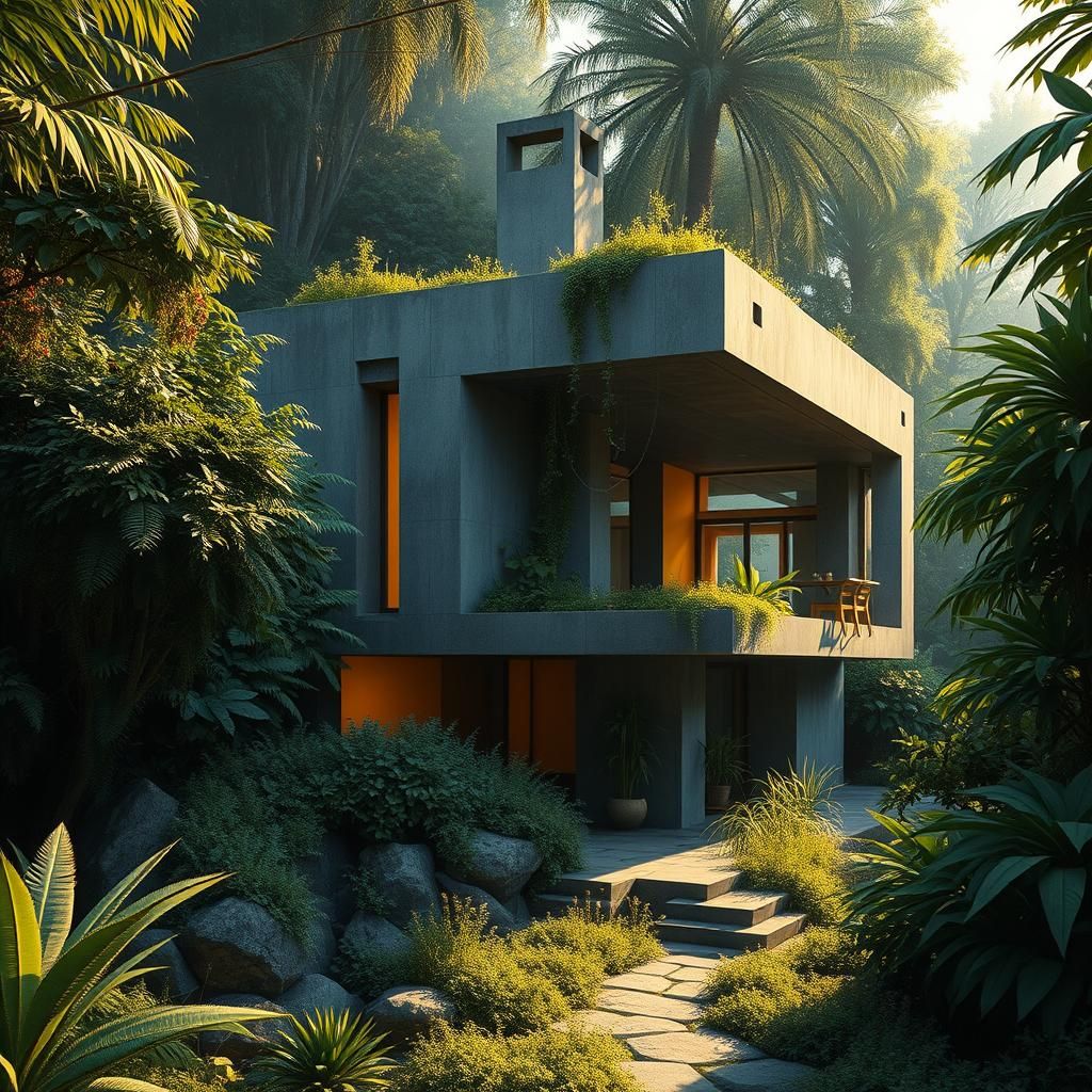 Brutalist House in Lush Environment: Digital Art