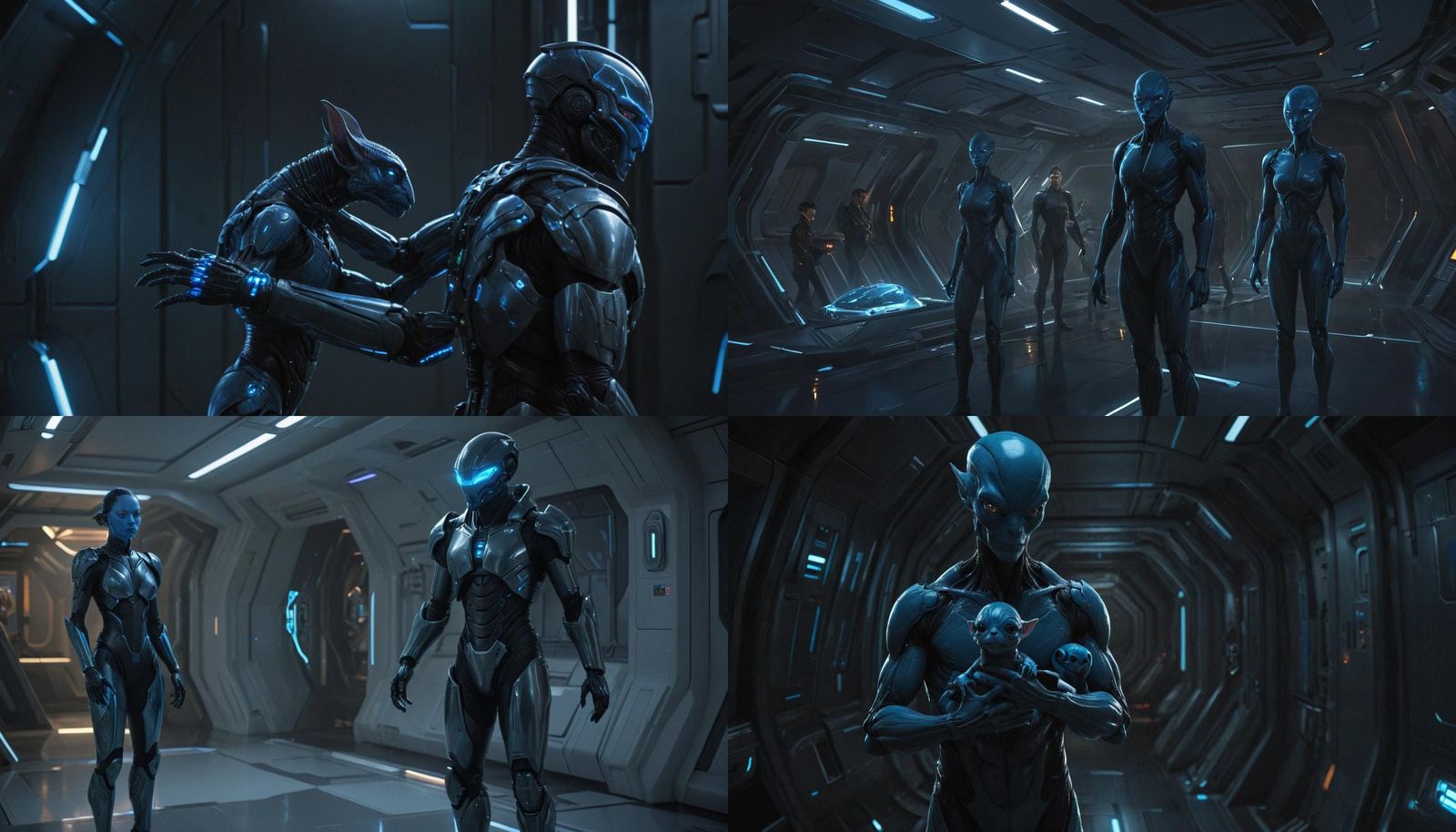 Futuristic Spaceship Interior with Human and Alien Pet