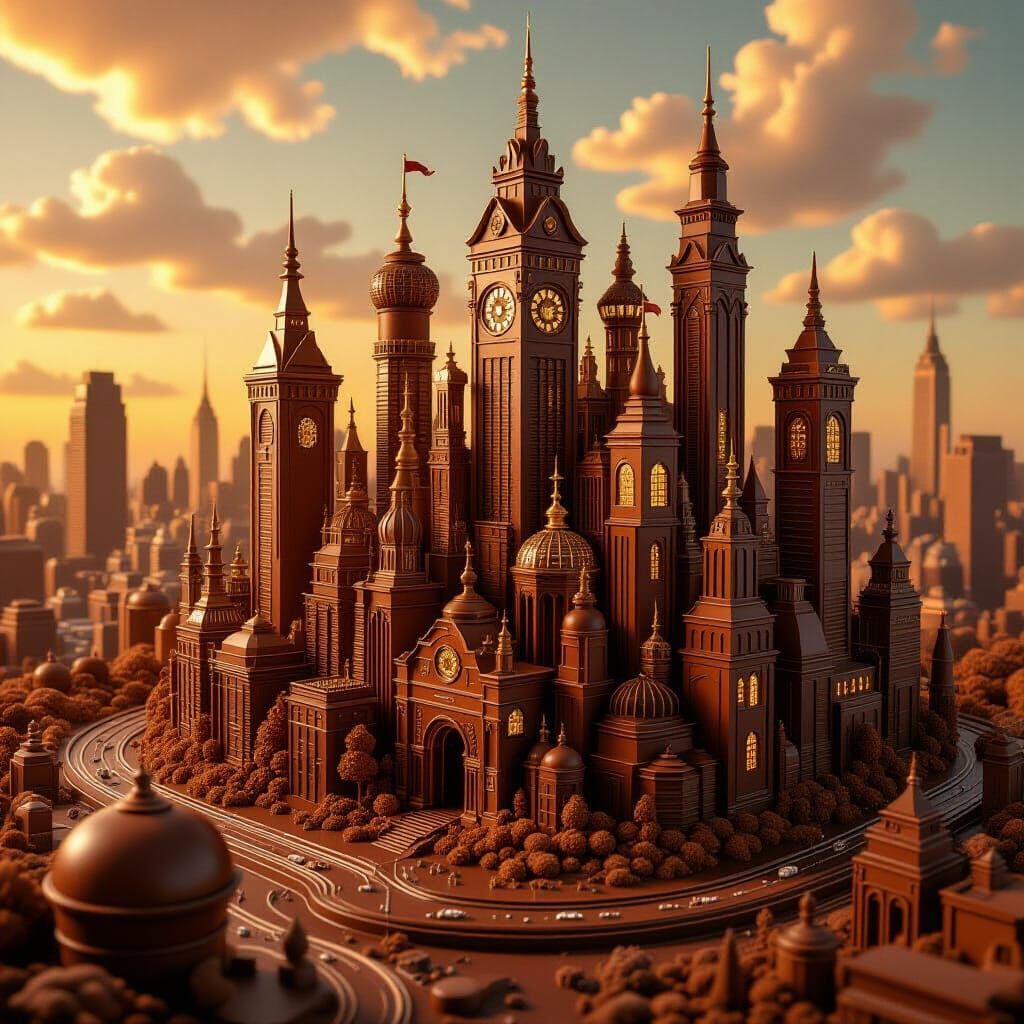 Chocolate Cityscape Sculpture in Whimsical Style