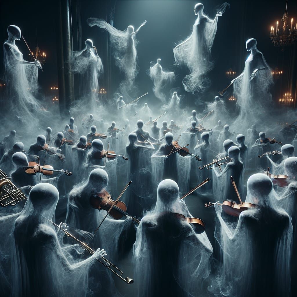 Ethereal Ghost Orchestra in Smoky Room, Hyperrealistic