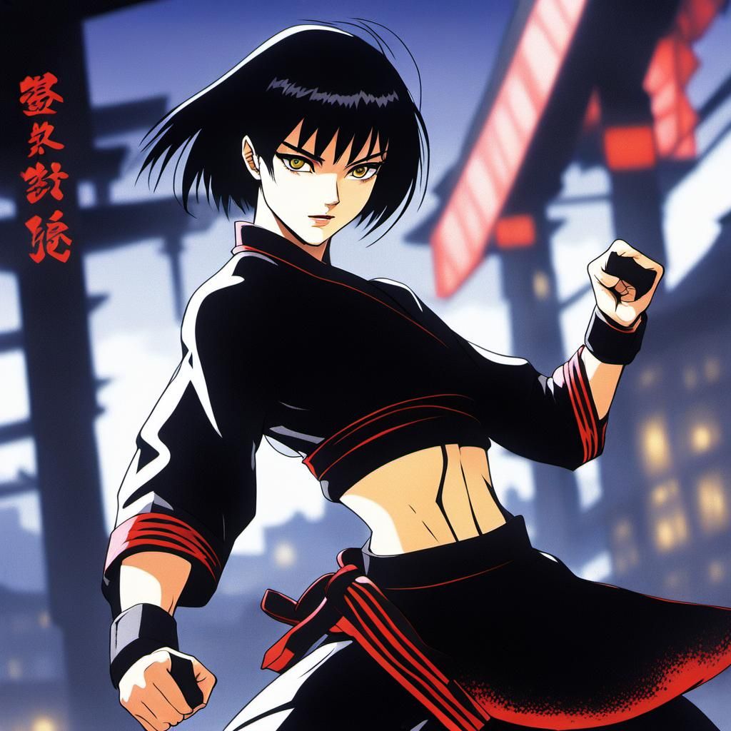 Goth Woman Practicing Karate: 90s Anime Style