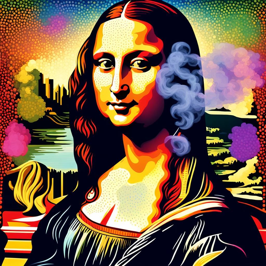 Mona Lisa Smoking a Pipe in Pointillist Portrait