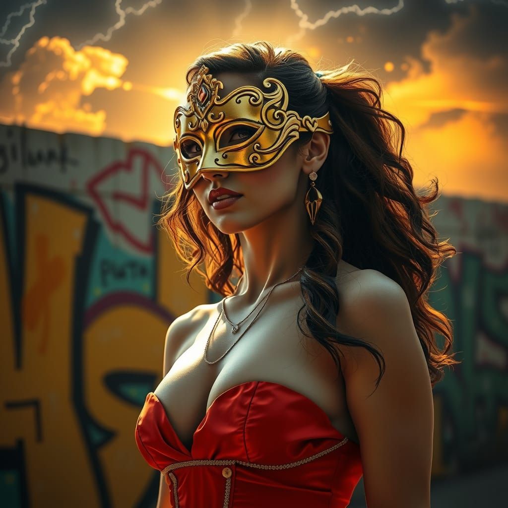 Surreal Futuristic Goddess with Golden Mask and Vibrant Graf...