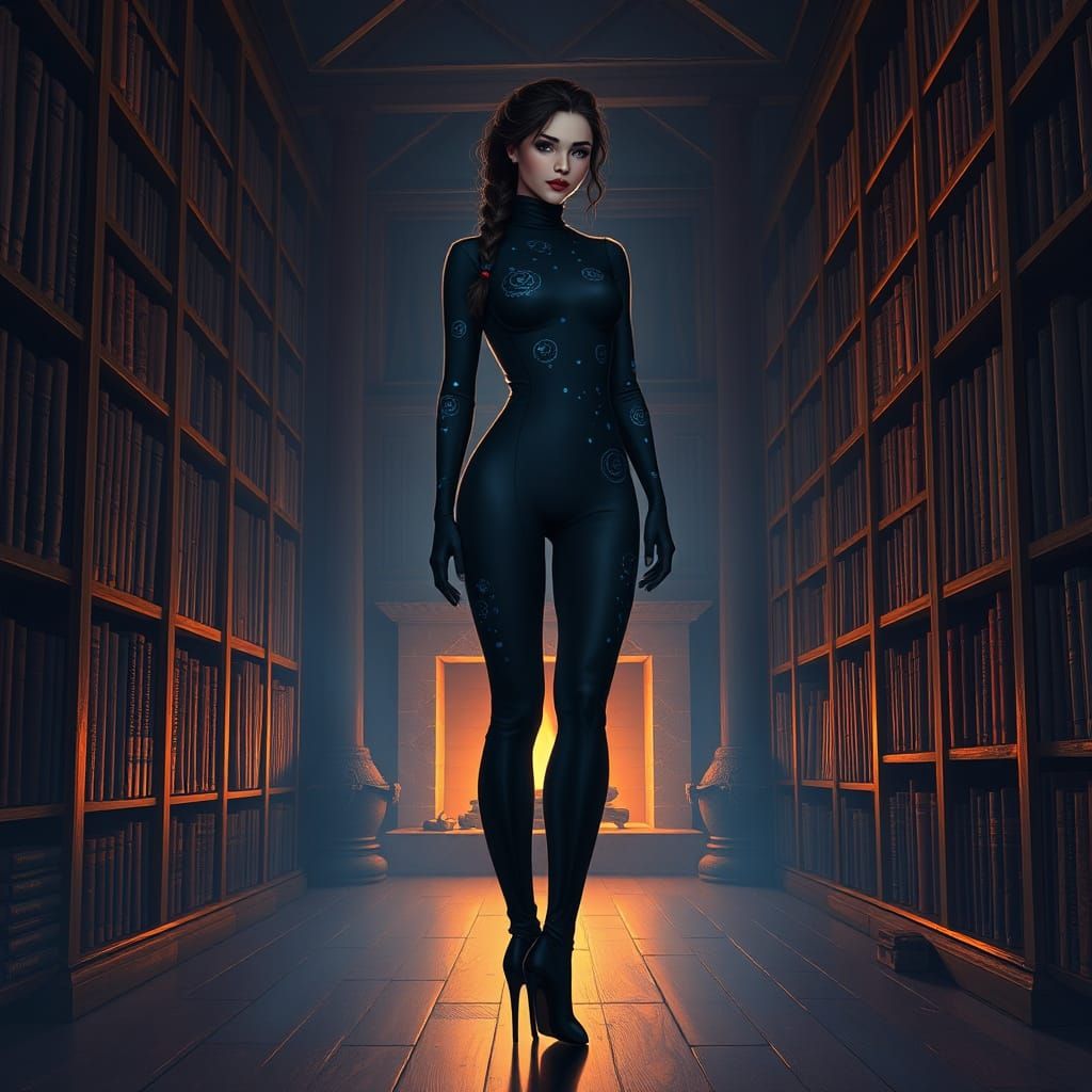 Mystical Woman in Gemstone Catsuit in Firelit Library