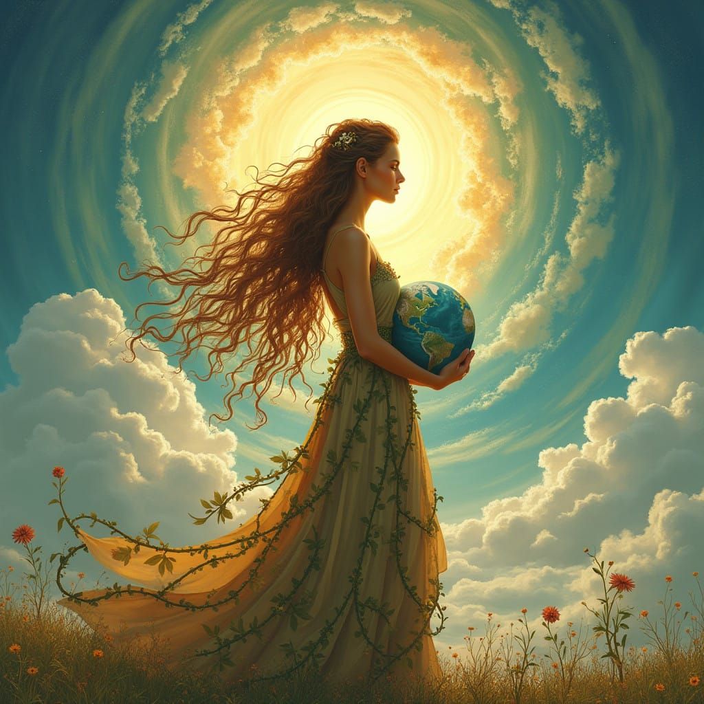 Goddess of the Earth in a Whimsical, Dreamlike Landscape