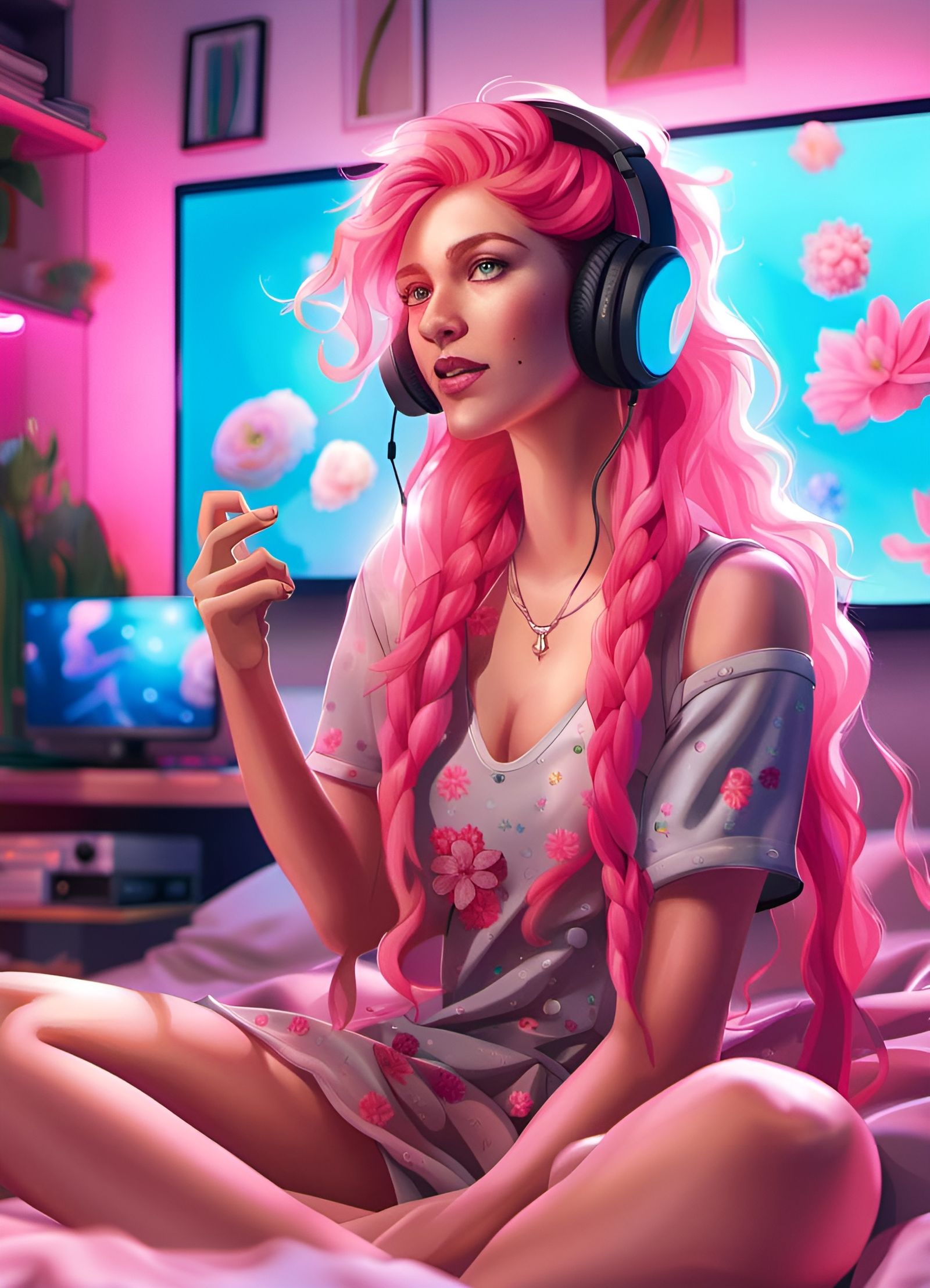 Pink-Haired Gamer Girl in a Neon VR Room