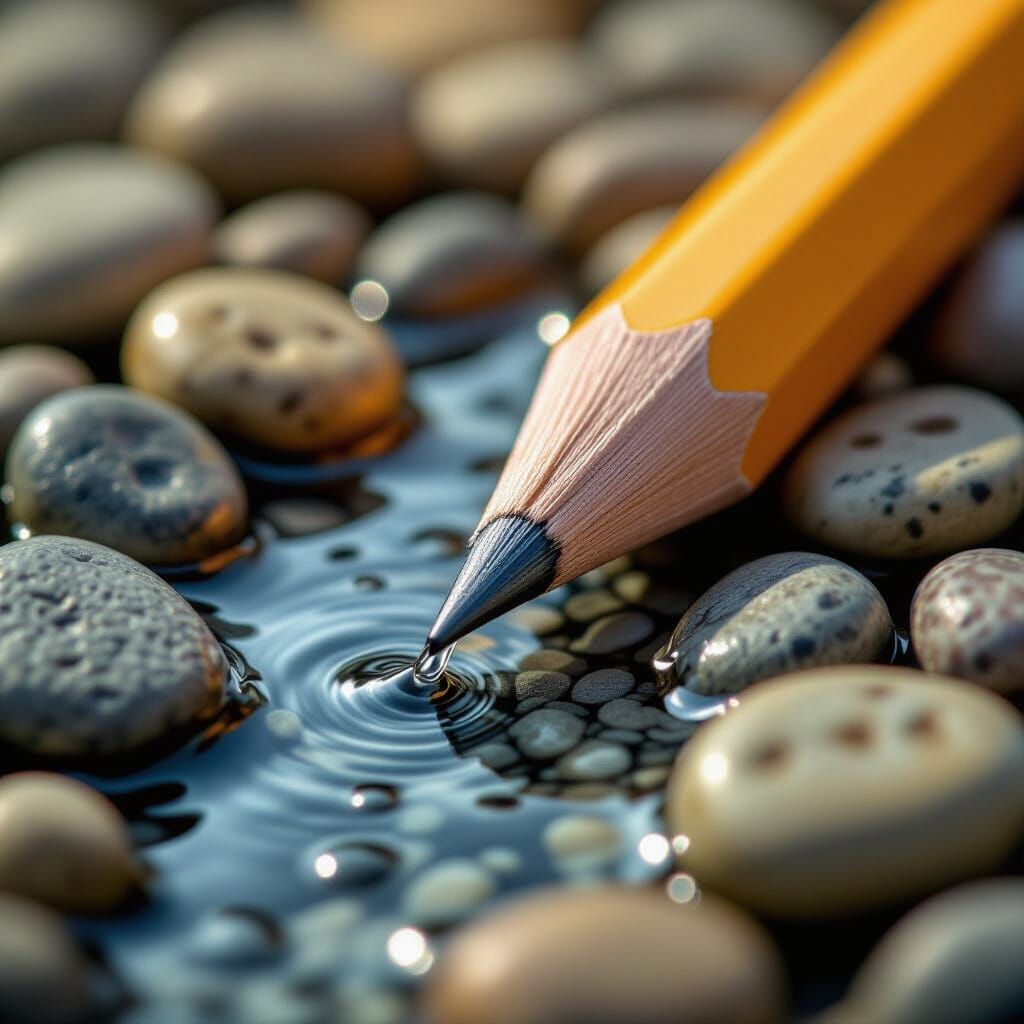 Hyperrealistic Pencil Macro With River, Soft Daylight