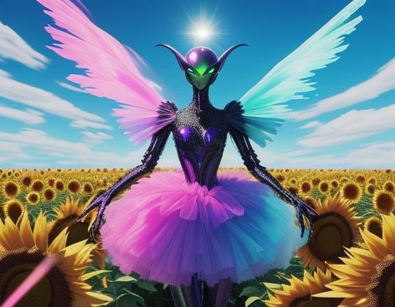 Alien Dancing in Sunflower Field as Surreal Painting