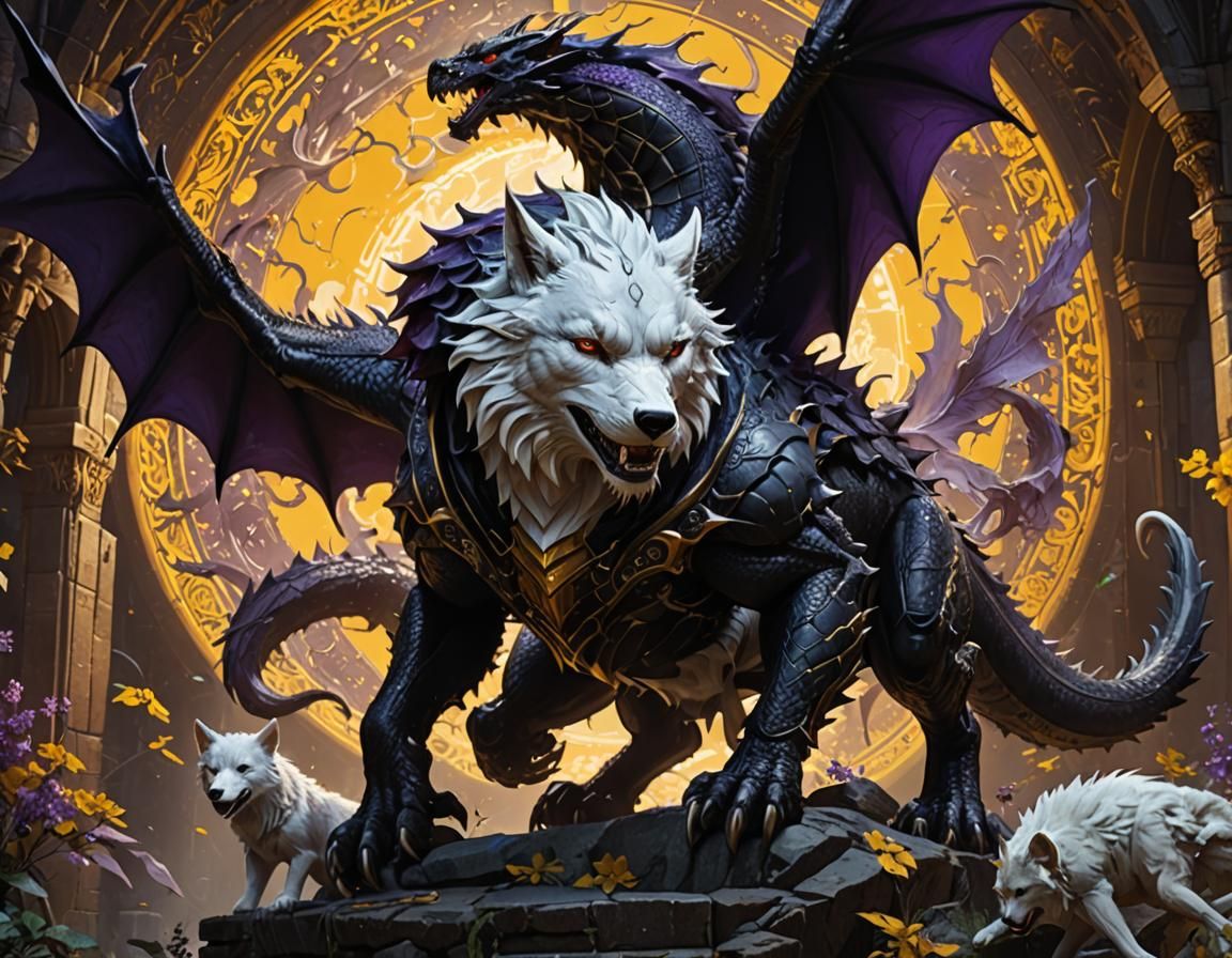 Black Dragon and White Wolf in Dark Fantasy Style
