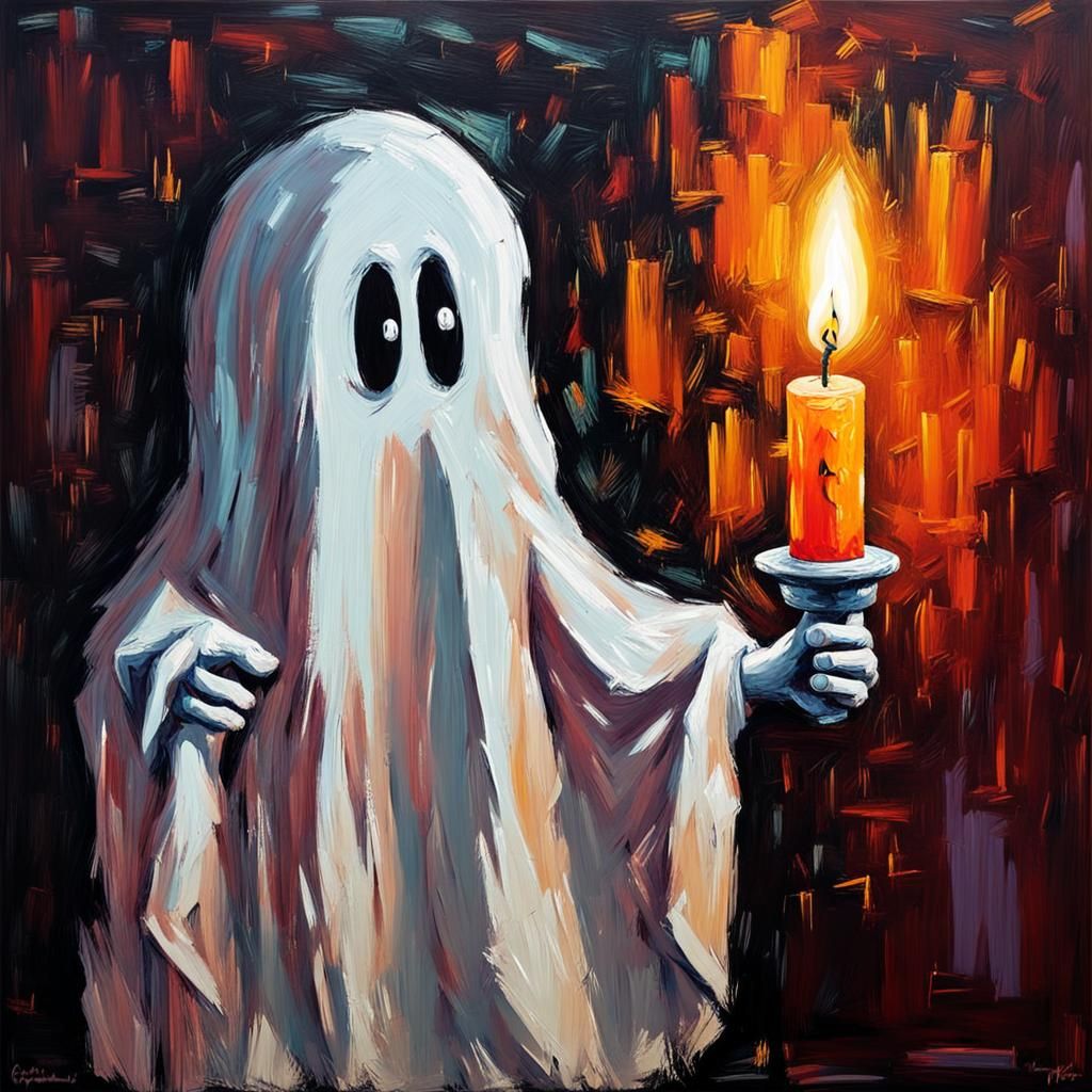 Cute Ghost Carrying Candle: Impasto Oil Painting