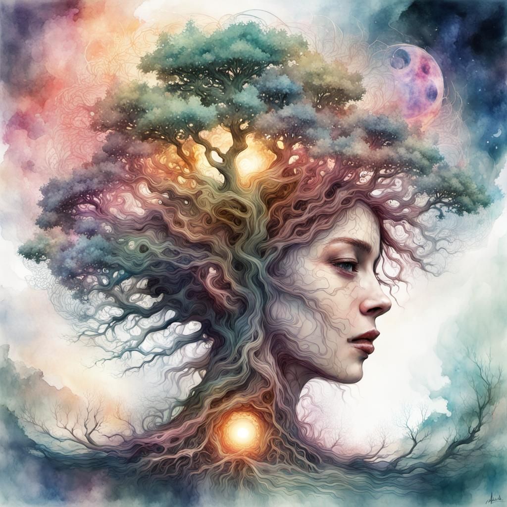 Cosmic Tree of Life: Digital Watercolor Illustration
