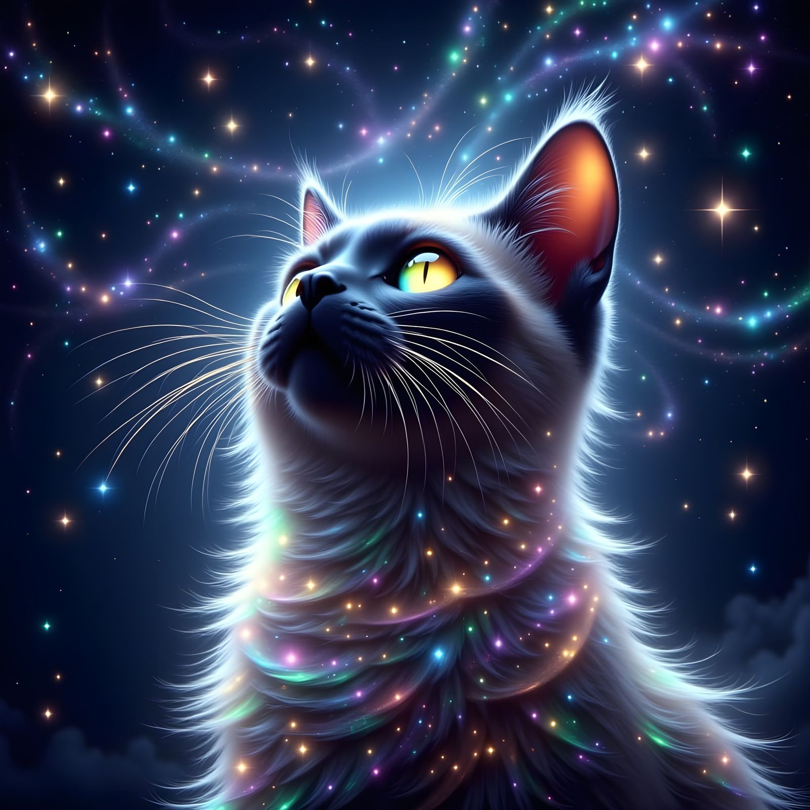 Senior Cat Gazes at Stars with Holographic Shimmer