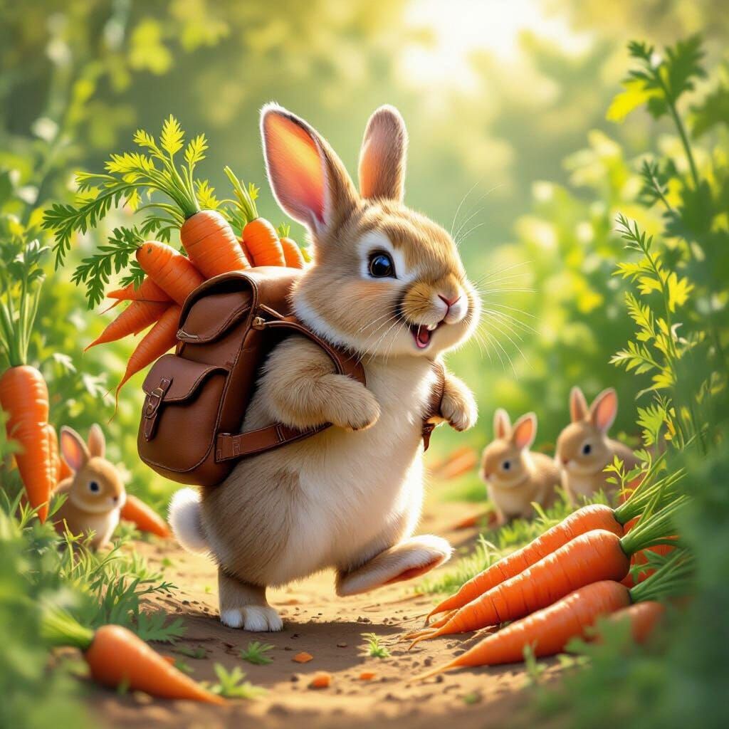Plump Rabbit Packs Carrots in Garden