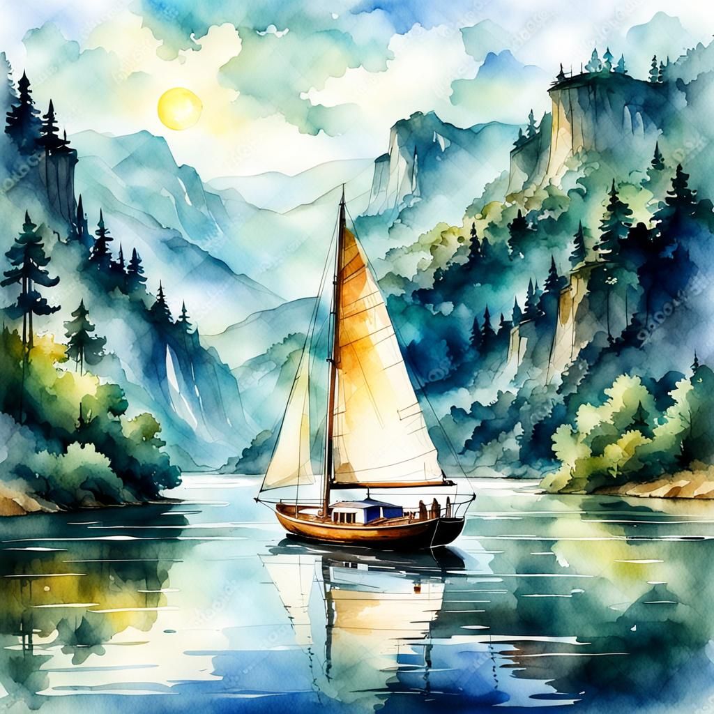 Sailboat on River: Digital Watercolor Sketch