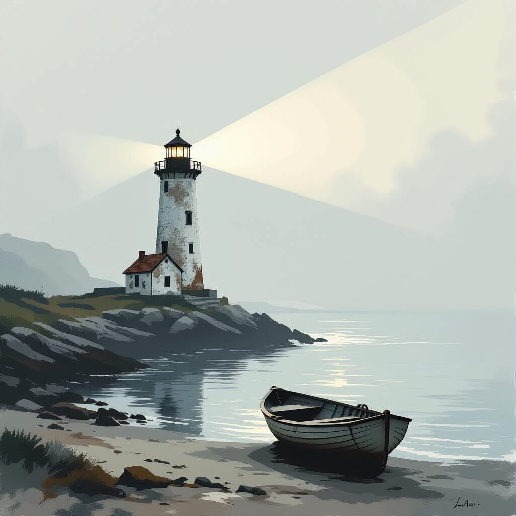 Atmospheric Lighthouse in Misty Fog on Rocky Coast