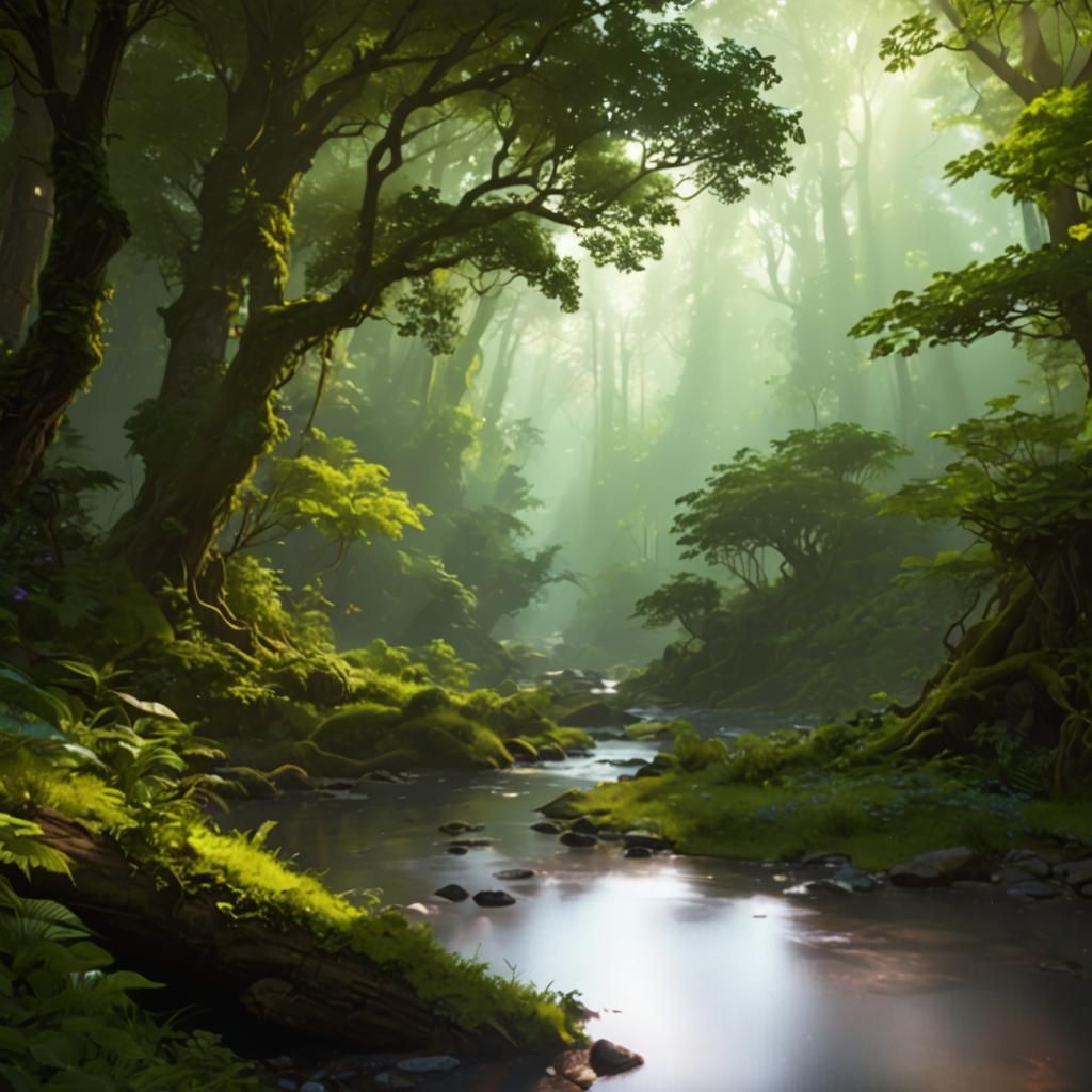 Ethereal Lush Forest in Vibrant Triadic Colors