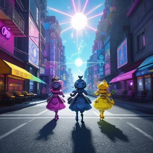 Girls and Cat Stroll in Vibrant 3D Digital Art