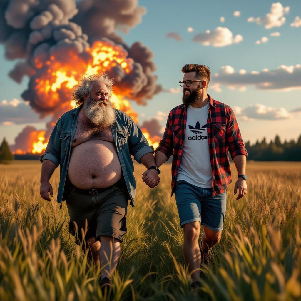 Men Skip Through Field Amidst Nuclear Explosion