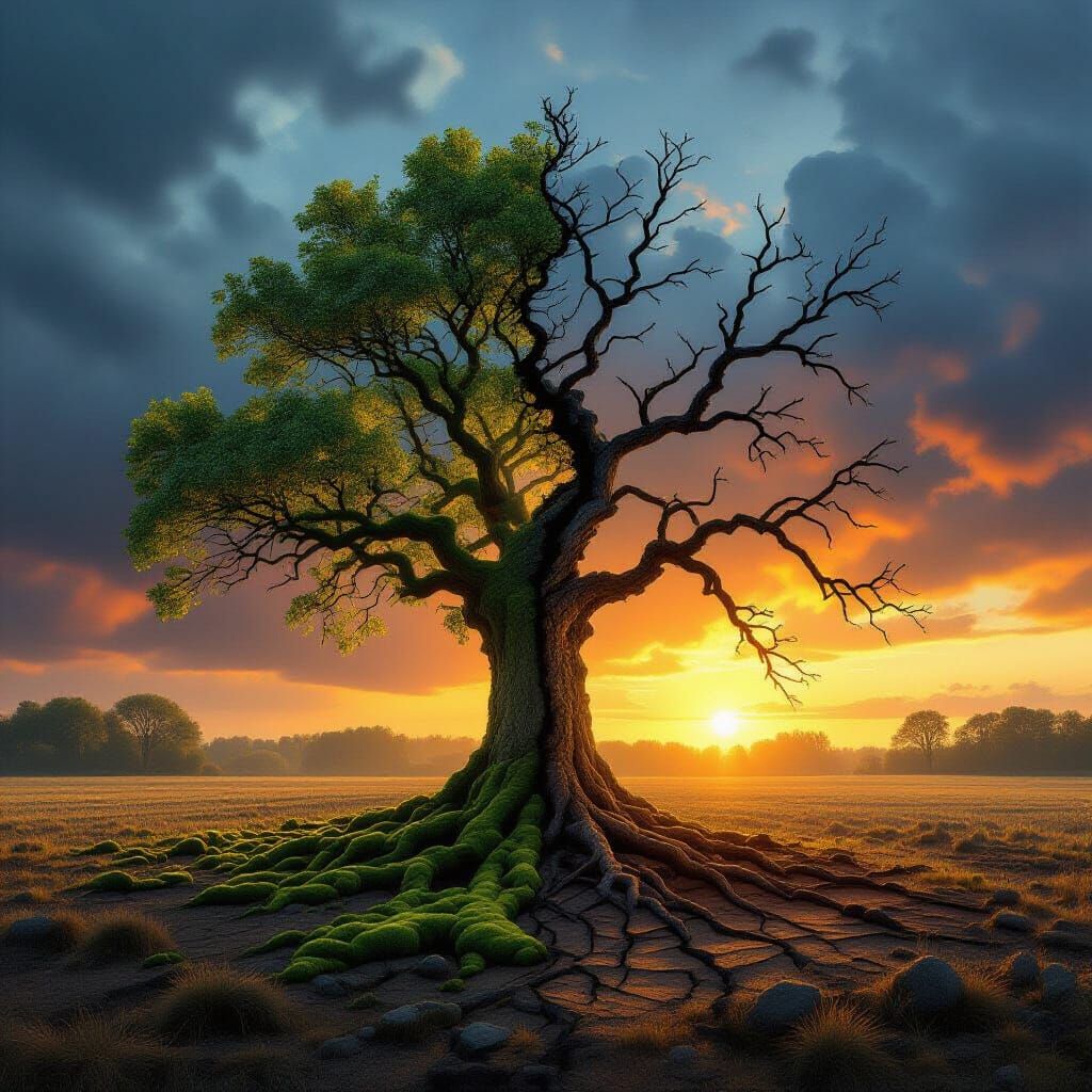 Hyperrealistic Ancient Tree in Duality