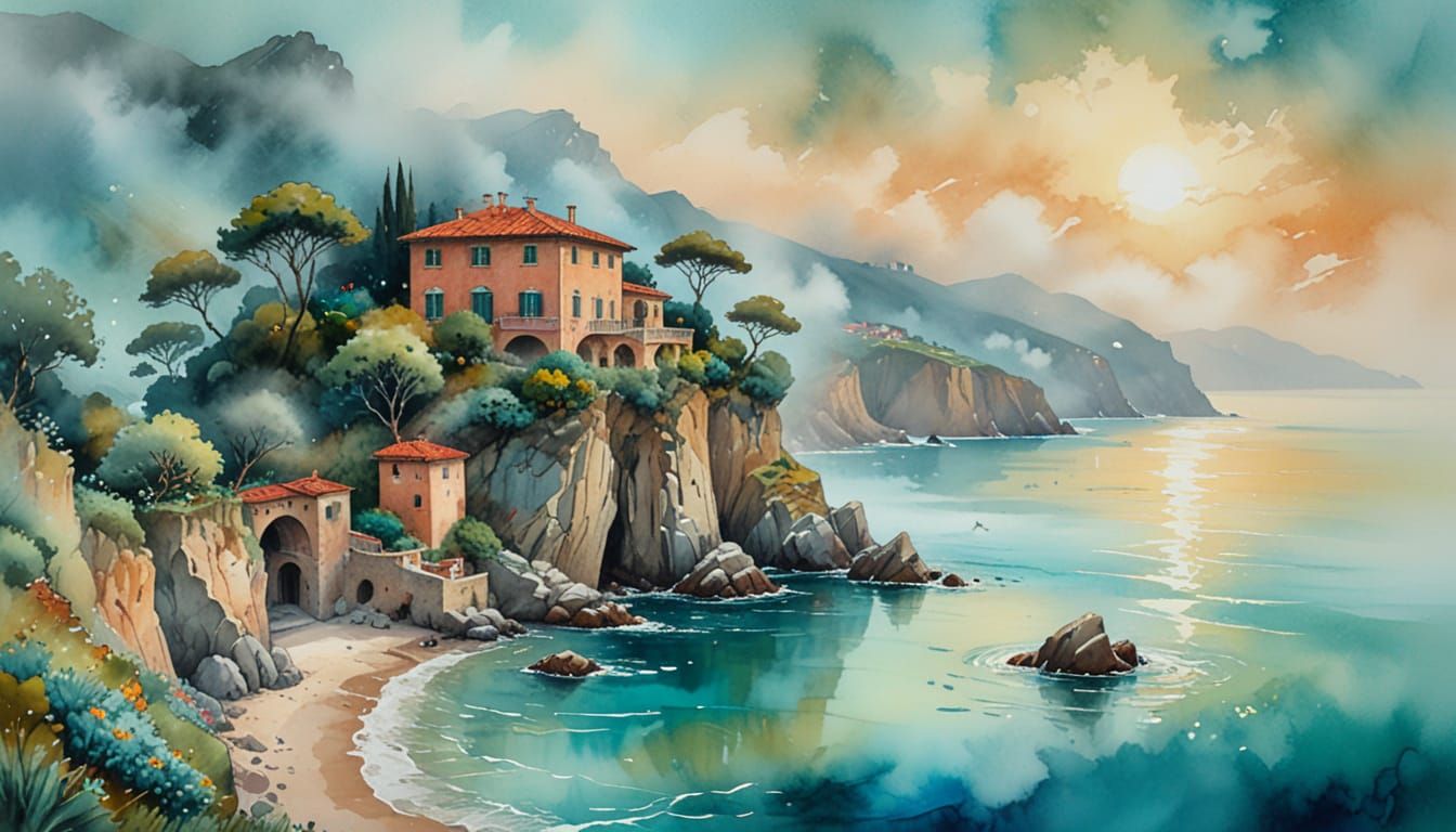 Dreamlike Italian Coastline Mist Painting