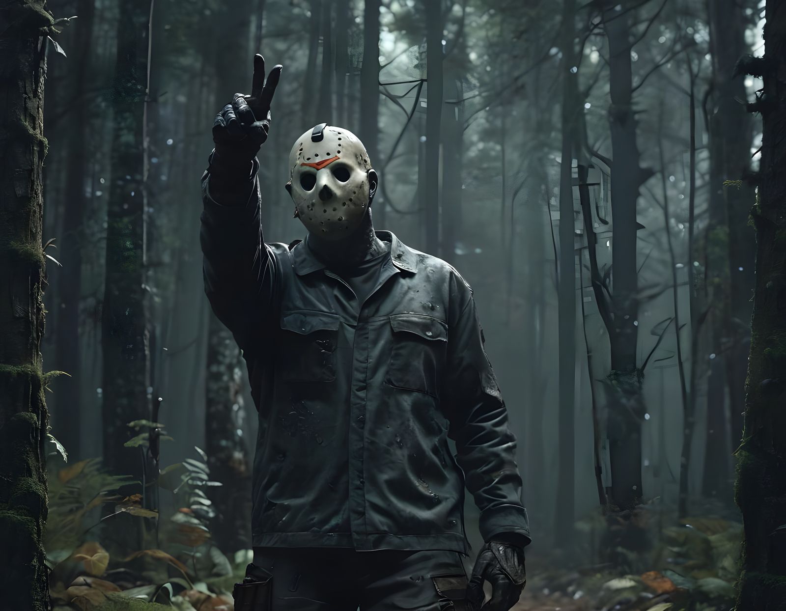 Jason Voorhees Gives a Heartfelt Thumbs Up in a Dark Forest