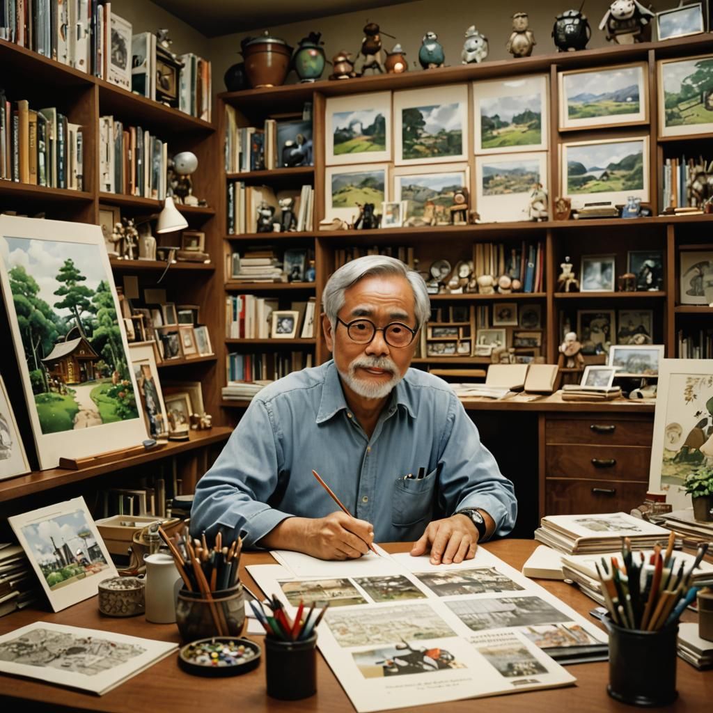 Photorealistic Hayao Miyazaki at work in his studio