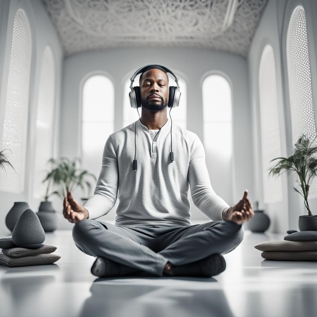 Meditating Man in White Room with Headphones