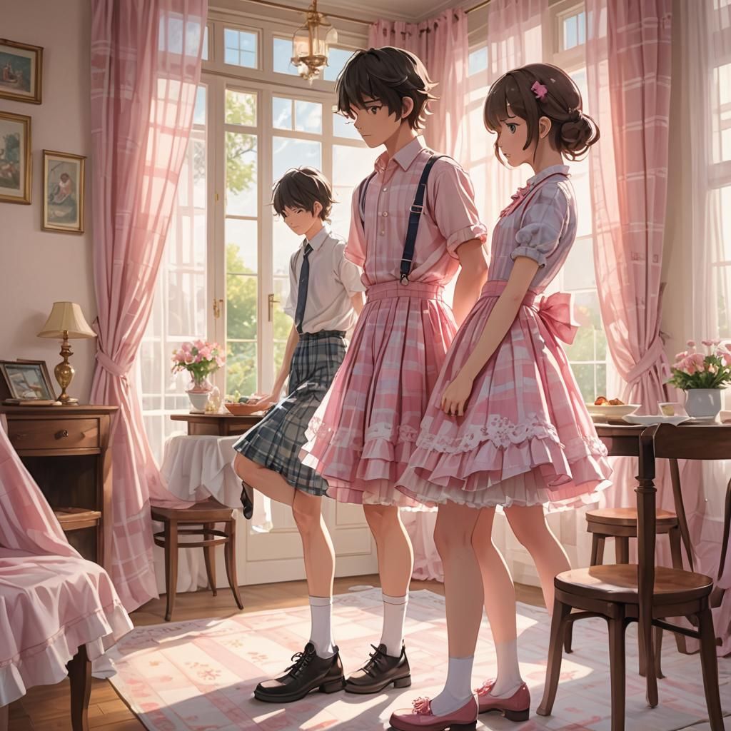 Anime Girl Inspects Boy's Petticoat in Ghibli Style
