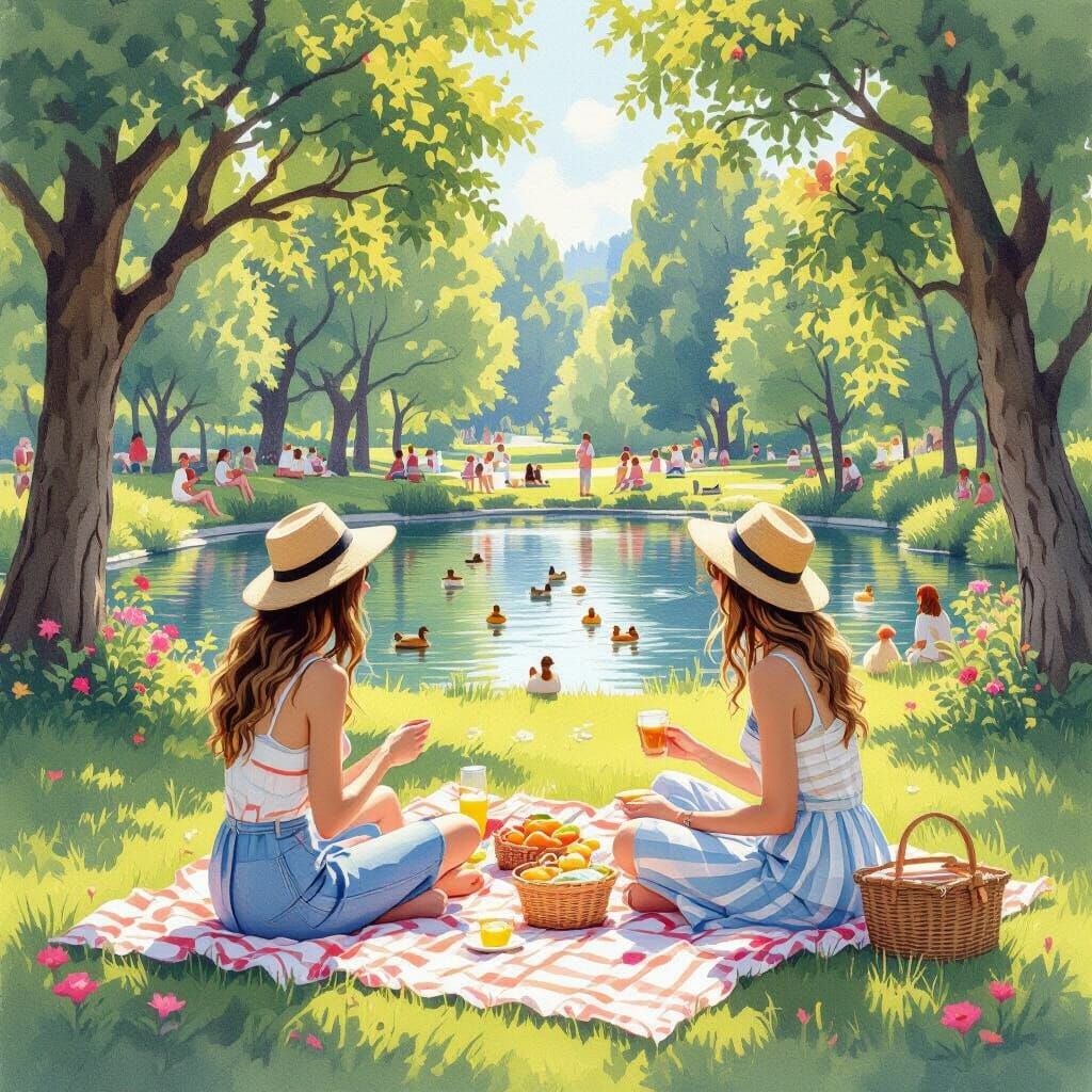 Friends Picnic in Sunny Park with Pond and Ducks