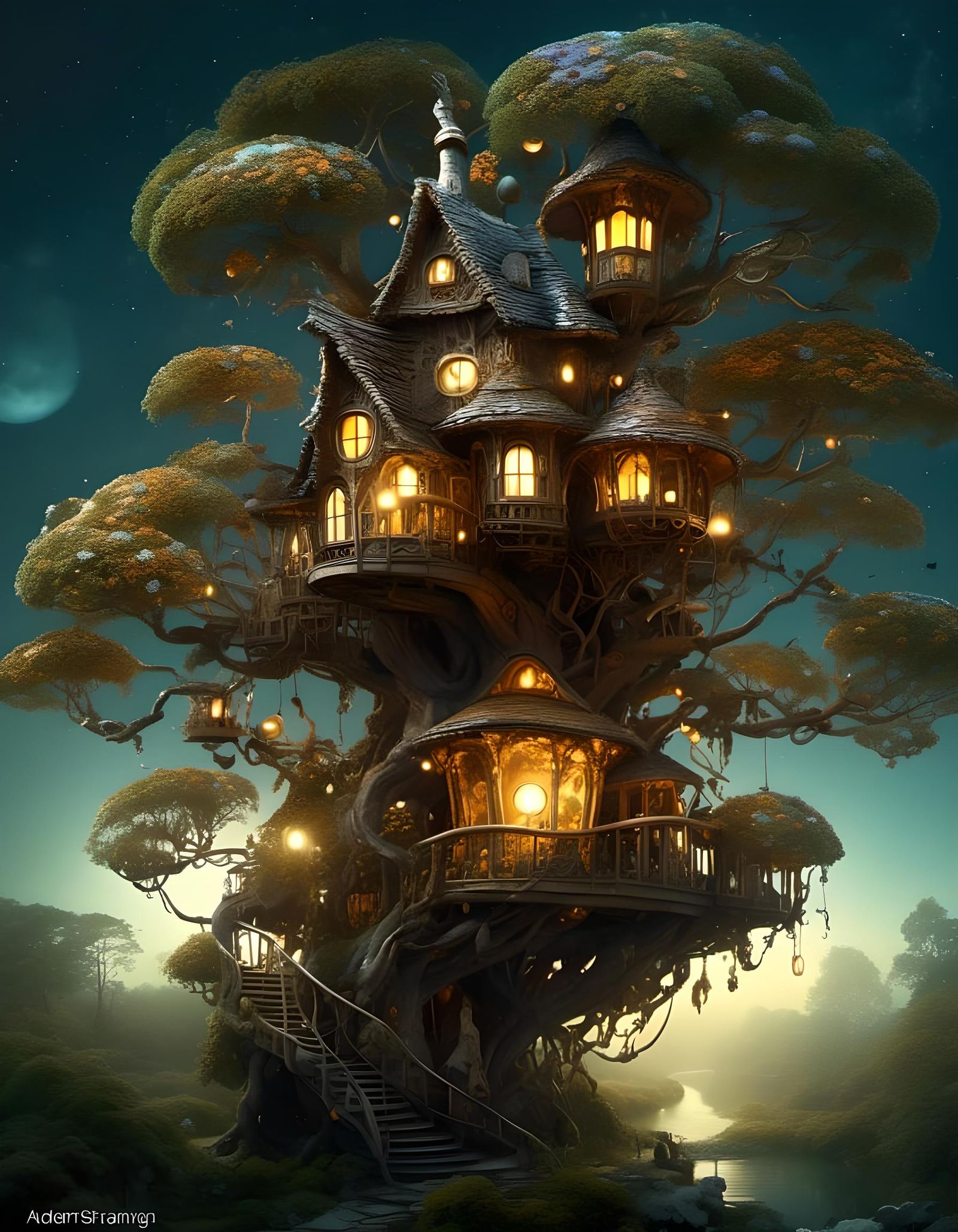 Chibi Fairy Treehouse in Moonlight, Digital Illustration