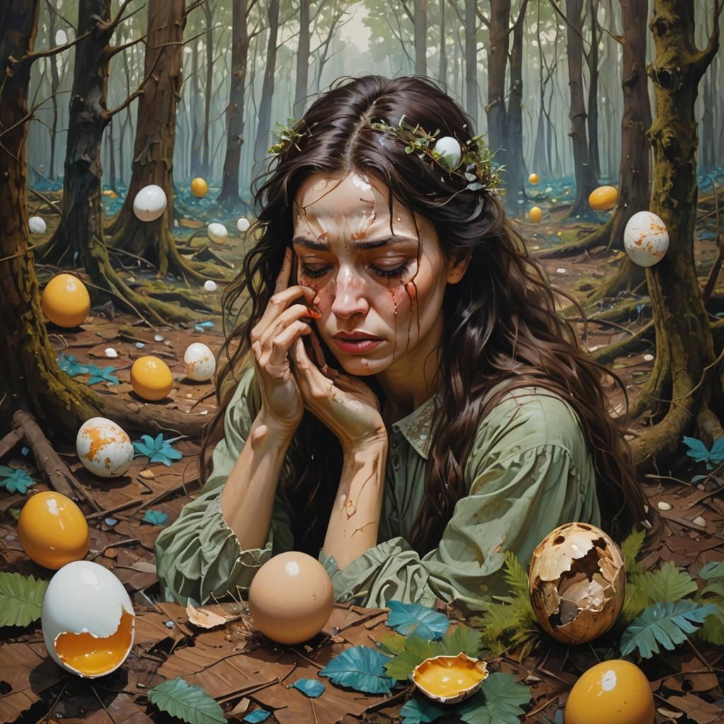 Surreal Portrait: Woman in Eggshell, Whimsical Forest