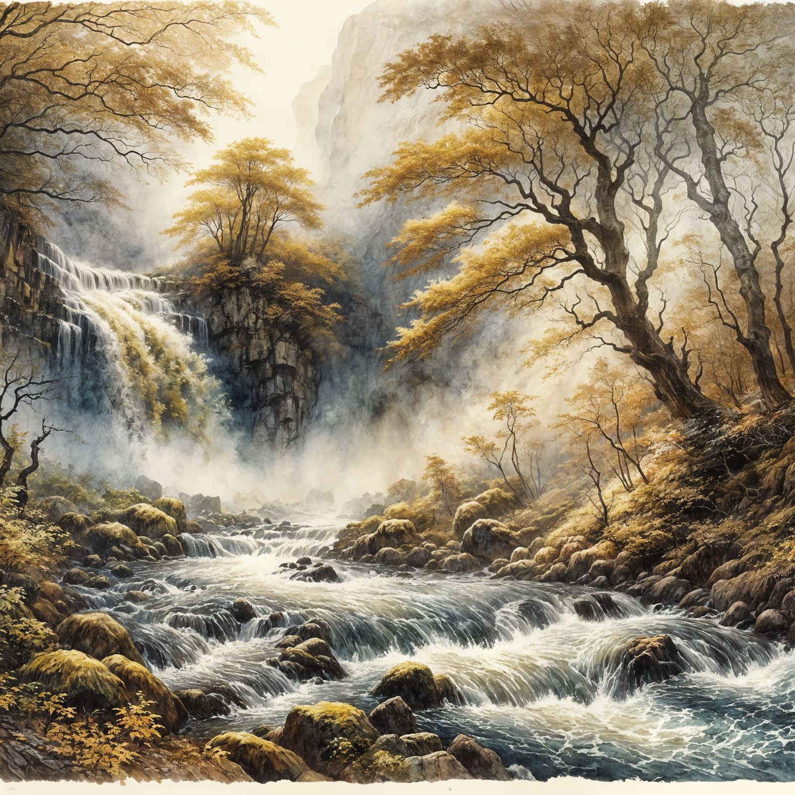 Watercolor Waterfall in Foggy Woodland Ravine