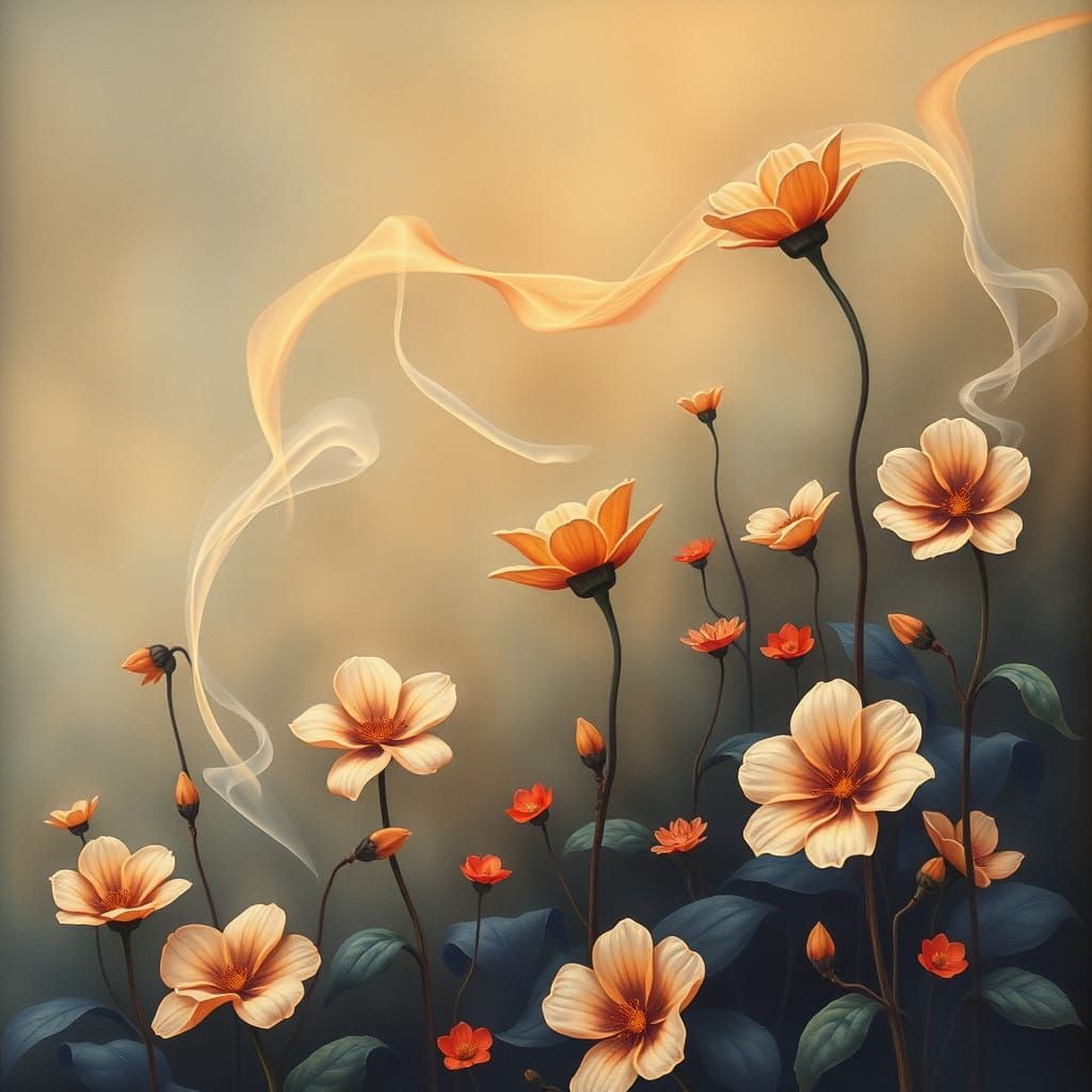 Art by Georgia O'Keeffe, Claude Monet, Hasui Kawase Shin-hanga, a mystical garden where each flower and leaf is a wisp o...