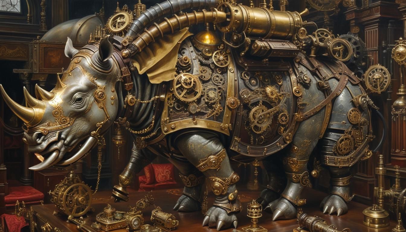 Steampunk Sumatran Rhino in Gothic Museum, Oil Painting