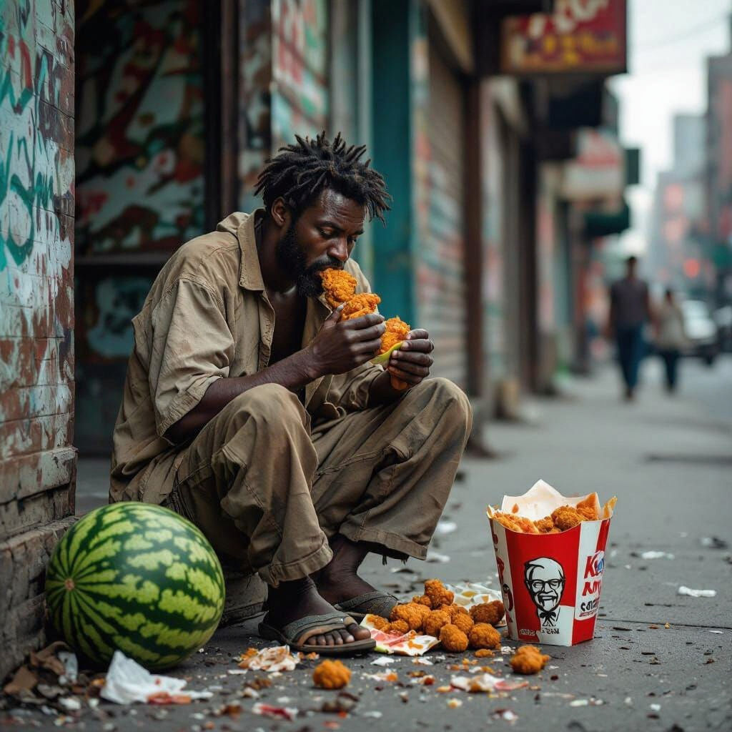 Gritty Realism: Man Eating Chicken in Urban Decay