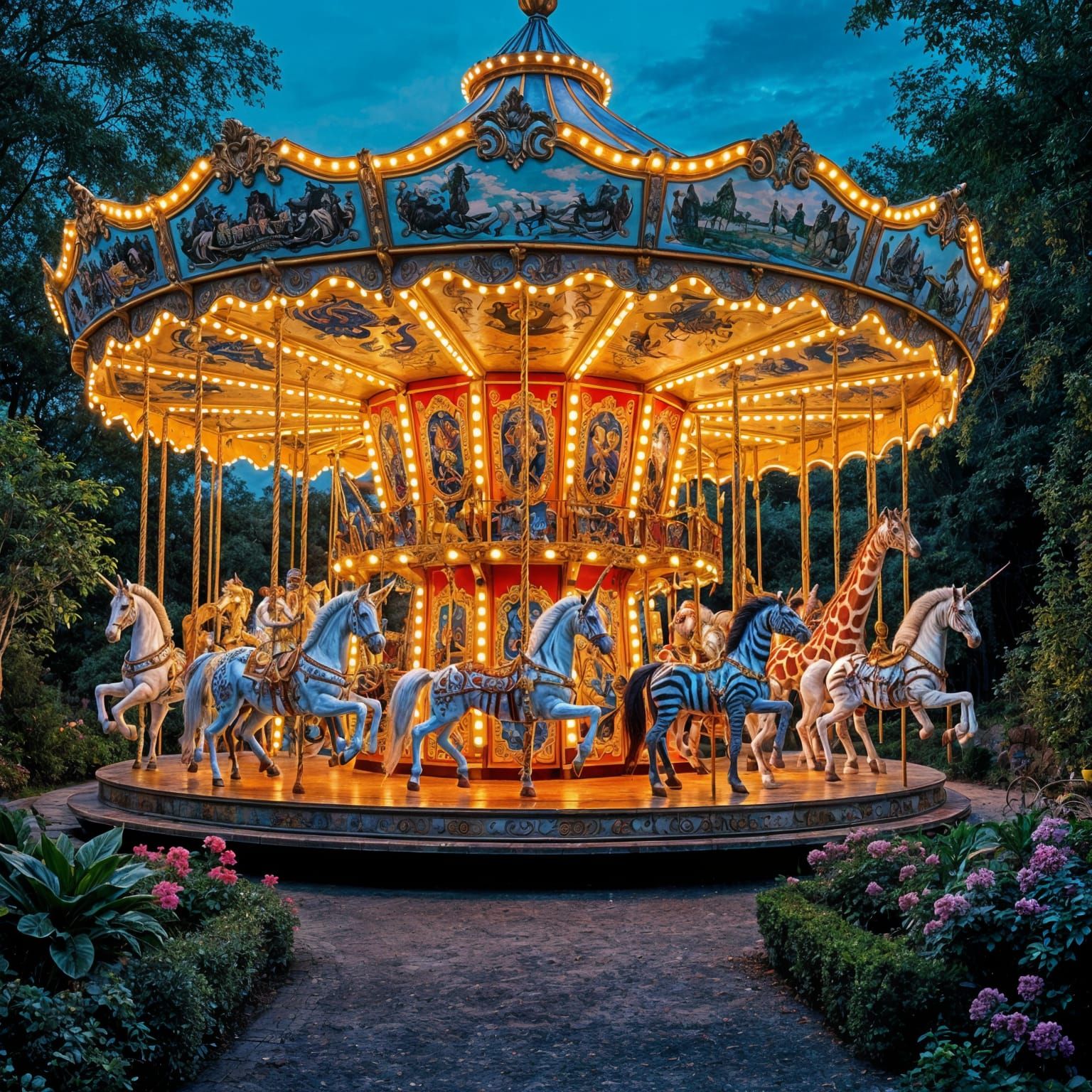 Ornate Carousel with Mythical Creatures in Lush Garden