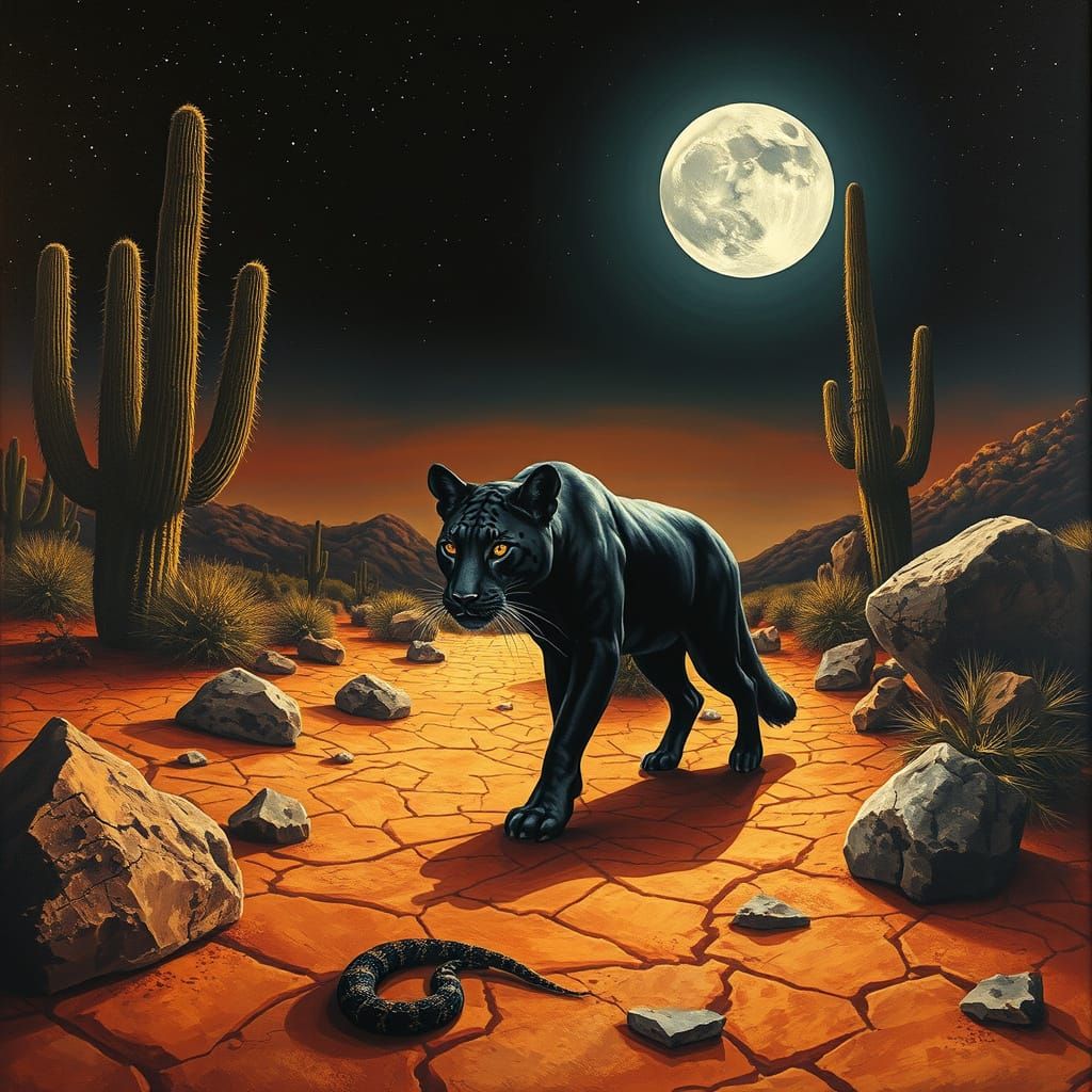 Sonoran Desert Night: Jaguar in Frida Kahlo Style