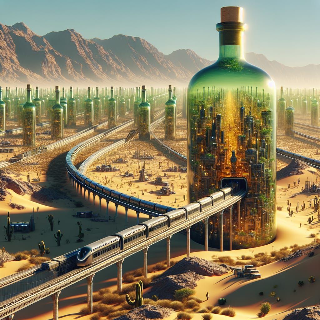 Futuristic Solarpunk Cities in Giant Whisky Bottles