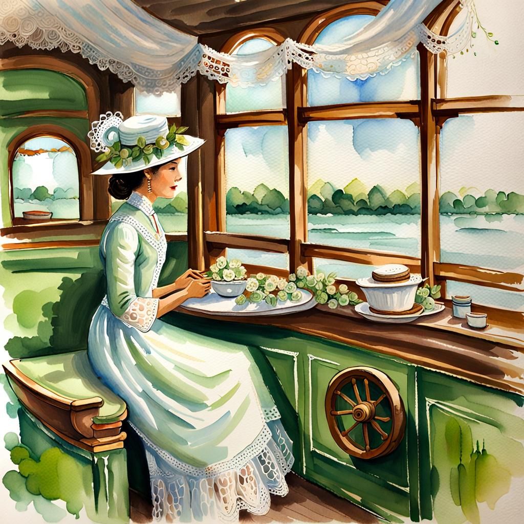 Steamboat Women in White: A Detailed Watercolor Sketch