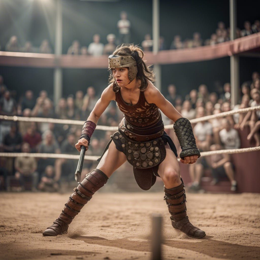 Gritty Hyperrealistic Gladiatrix in Arena Fight