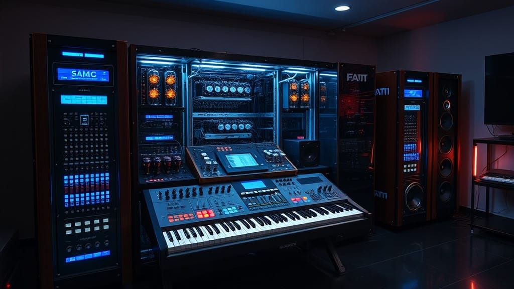 Cyberpunk Electronic Studio Setup in Dimly Lit Room