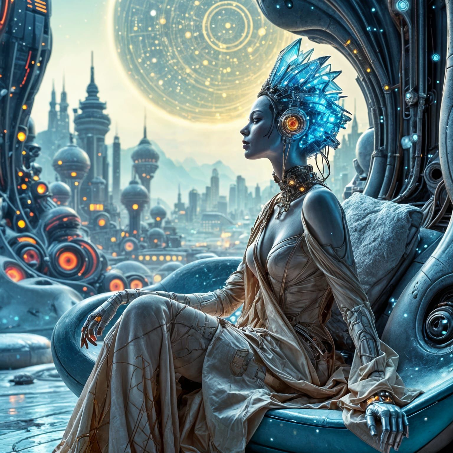 Goddess of Cyberpunk Dreams in a Futuristic Cityscape