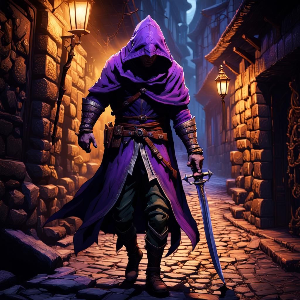 Hooded Assassin in Dark Medieval Alley