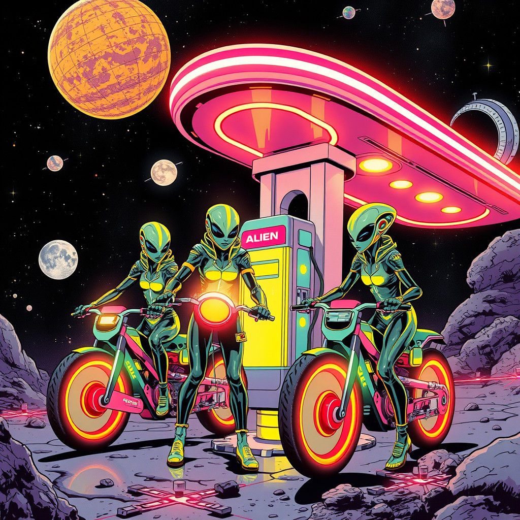 Alien Teens Refueling Cycles in Space: Comic Book Art
