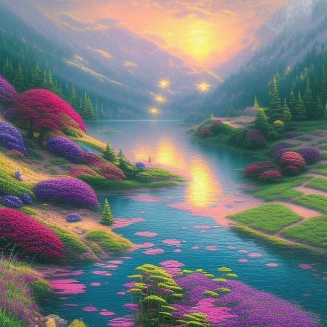 Moonlit Lake with Flower Meadows in Kinkade Style