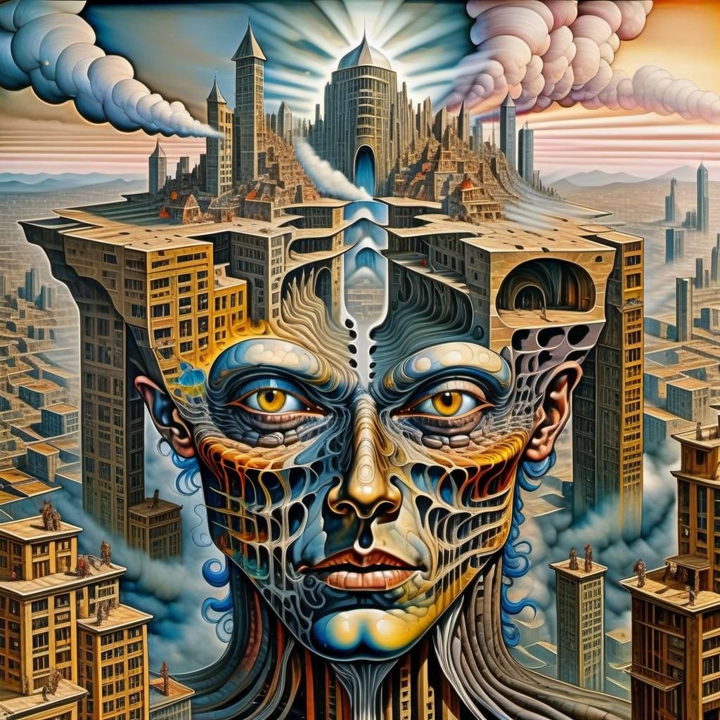 Surreal City Face in Vibrant Oil Painting